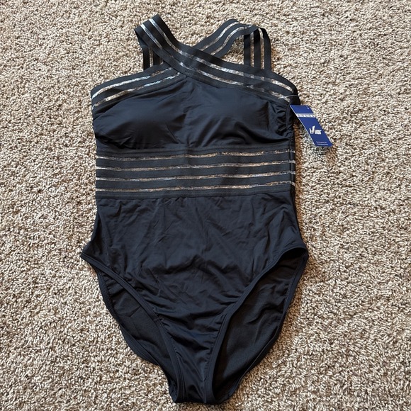 Hilor Other - Holler Women's One Piece Black Bathing Suit Sz Medium Sheer Mesh Stripes NWT